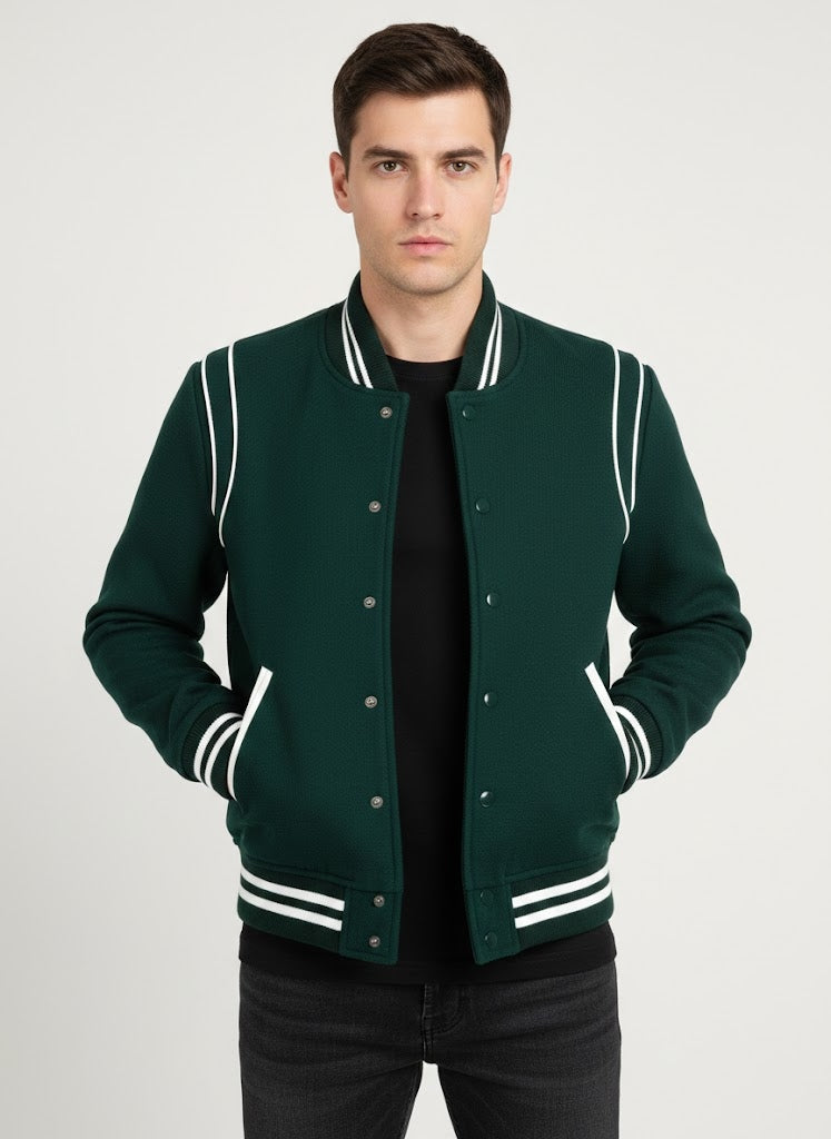 Bottle Green Leather Varsity Jacket Men