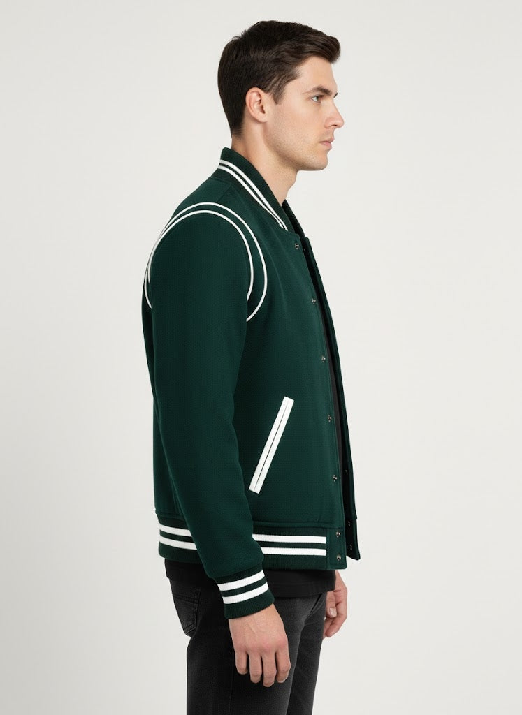 Bottle Green Leather Varsity Jacket Men