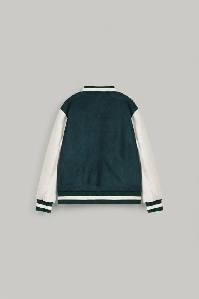 Bottle green body with white leather sleeves varsity womens jacket