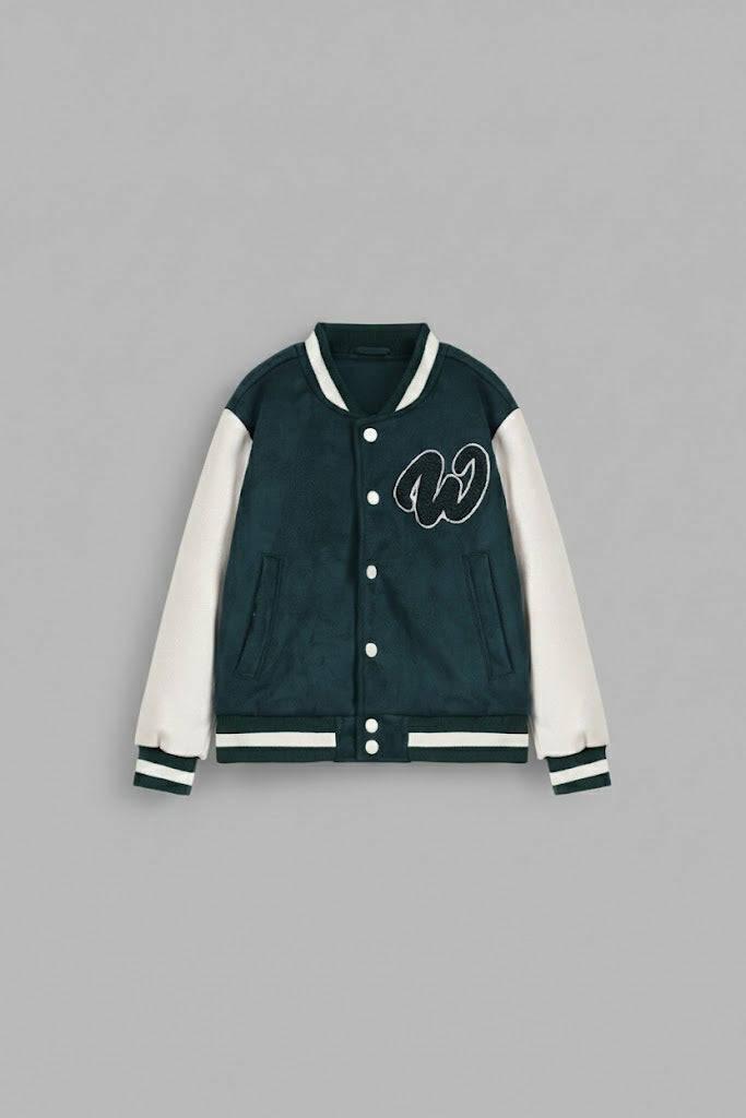 Bottle green body with white leather sleeves varsity womens jacket