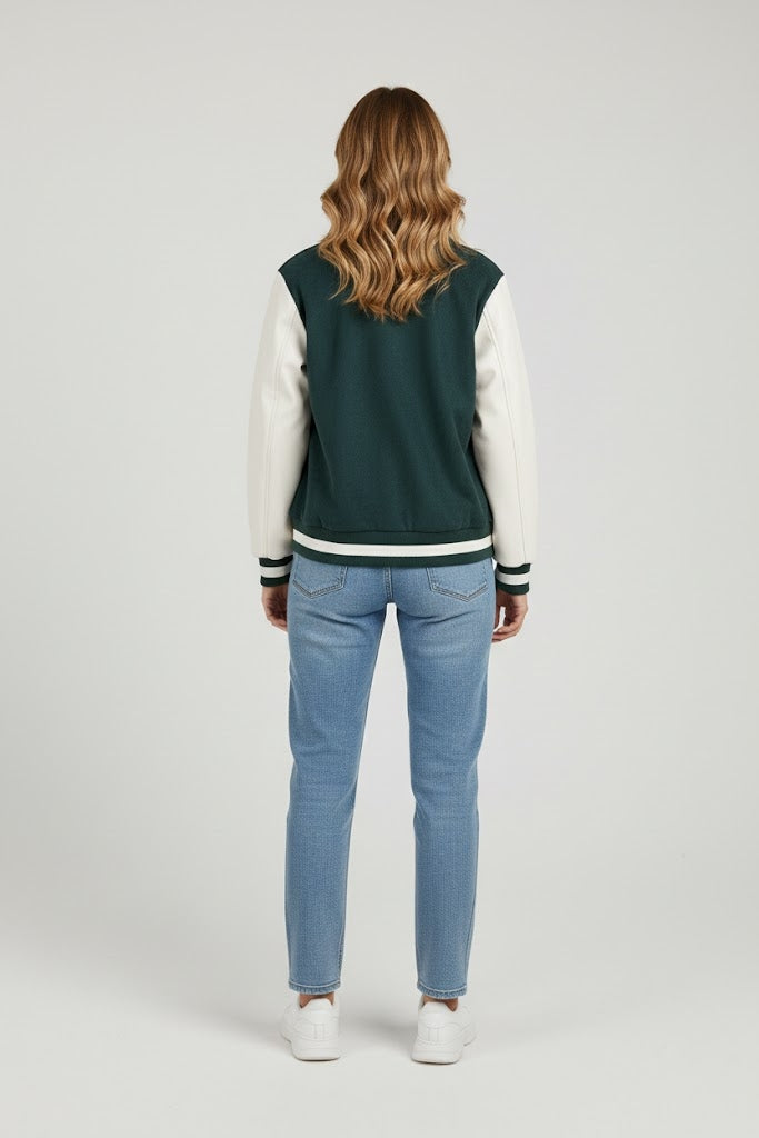 Bottle green body with white leather sleeves varsity womens jacket