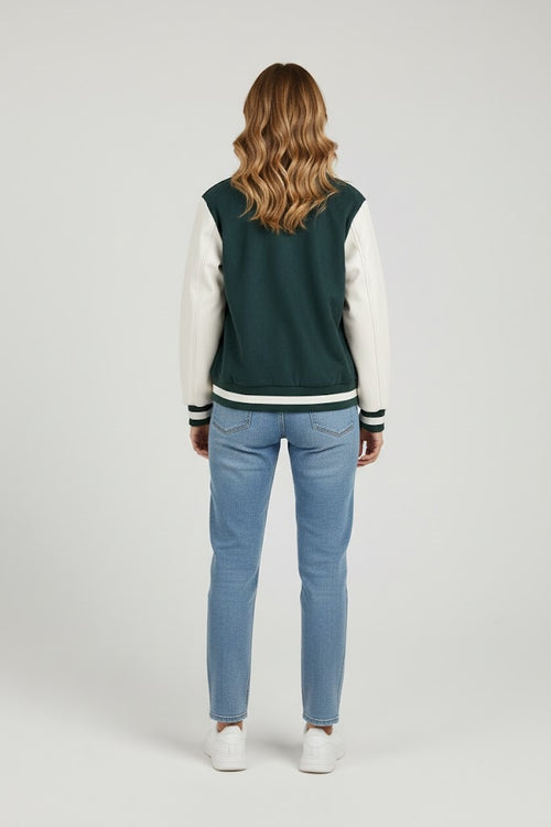 Bottle green body with white leather sleeves varsity womens jacket