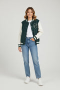 Bottle green body with white leather sleeves varsity womens jacket
