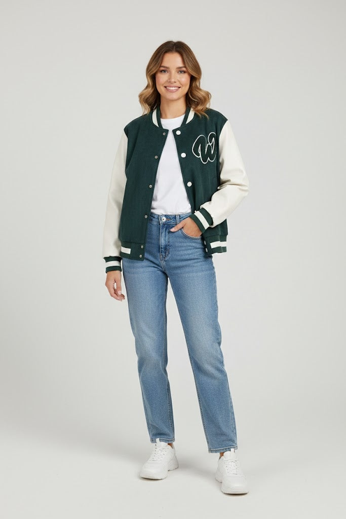 Bottle green body with white leather sleeves varsity womens jacket
