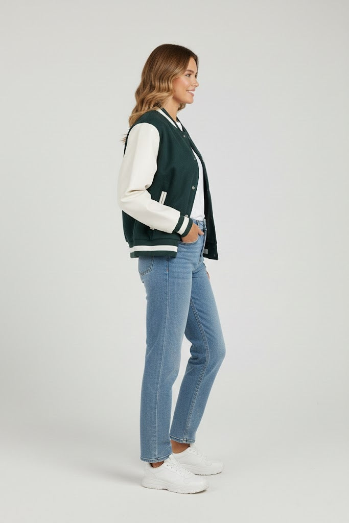 Bottle green body with white leather sleeves varsity womens jacket