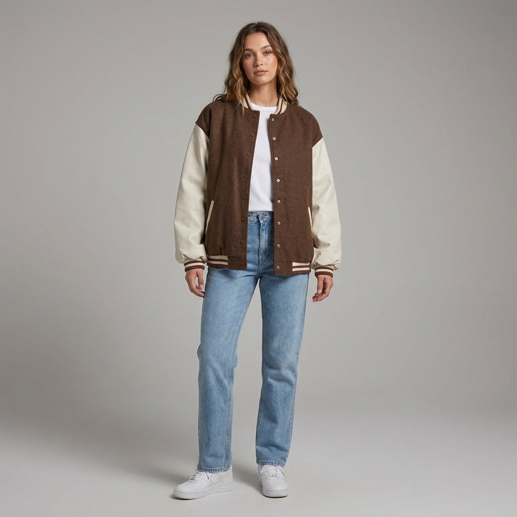Brown & Cream Winter Women’s Varsity Jacket