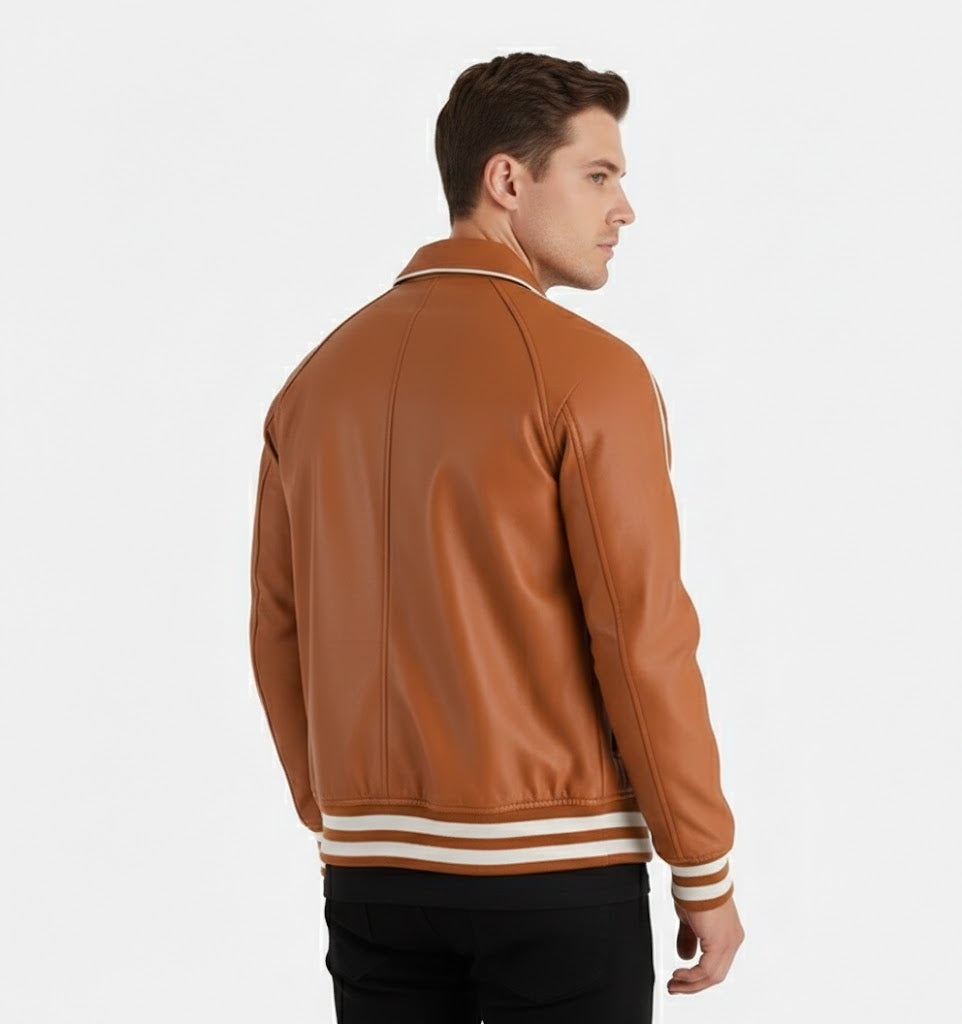 Brown Tan Leather Men’s Varsity Jacket