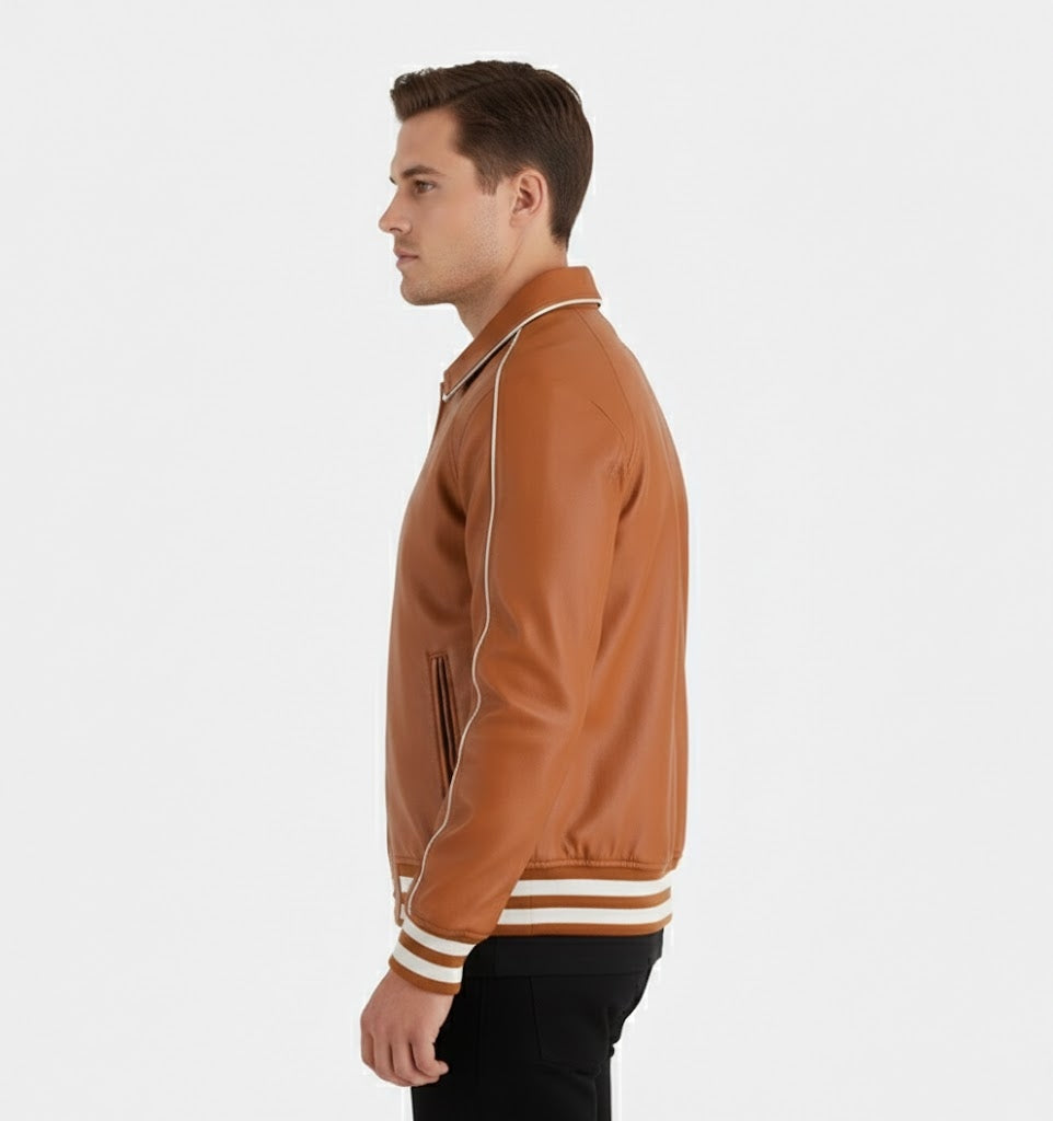 Brown Tan Leather Men’s Varsity Jacket