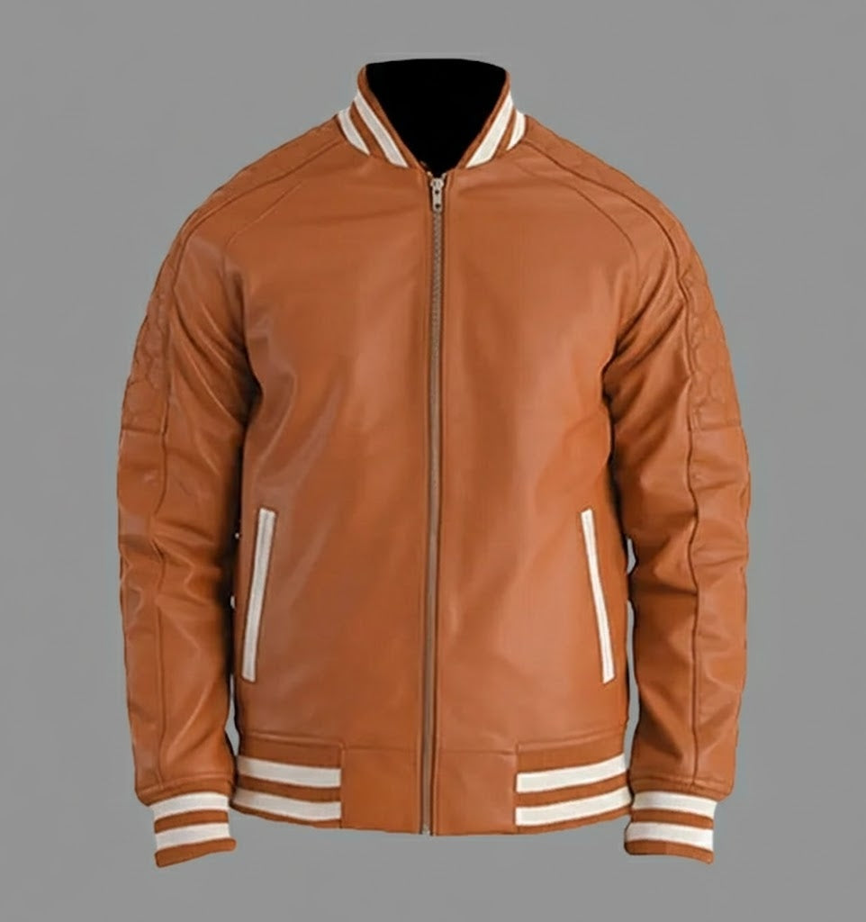 Camel Brown Leather Varsity Jacket Men