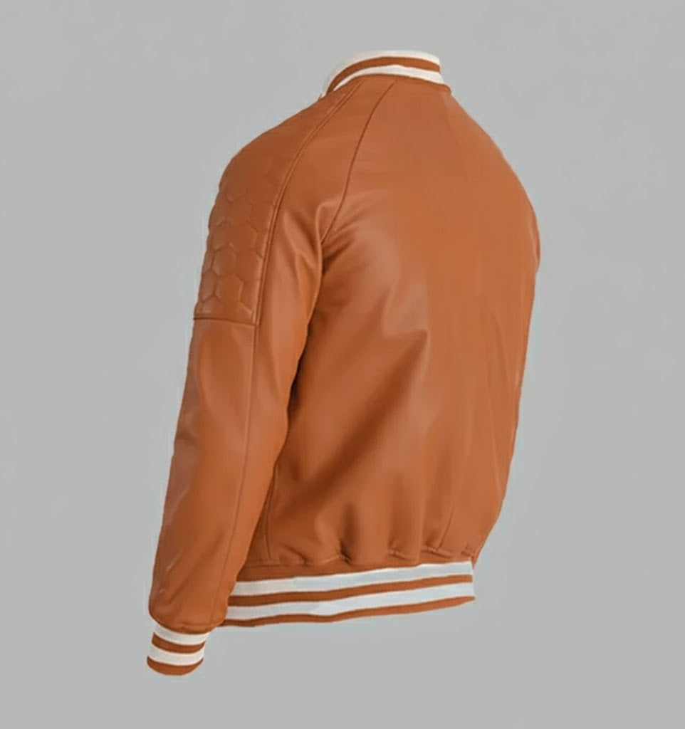 Camel Brown Leather Varsity Jacket Men