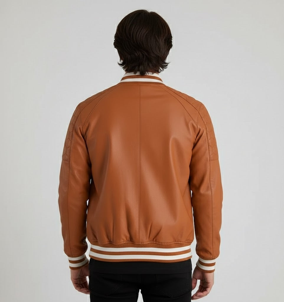 Camel Brown Leather Varsity Jacket Men