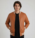 Camel Brown Leather Varsity Jacket Men