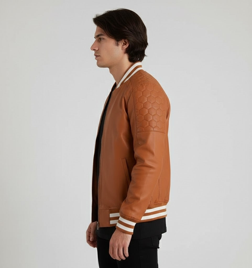 Camel Brown Leather Varsity Jacket Men