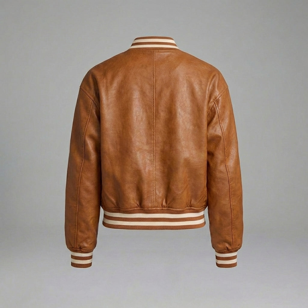 Camel Brown Leather Varsity Jacket for Women