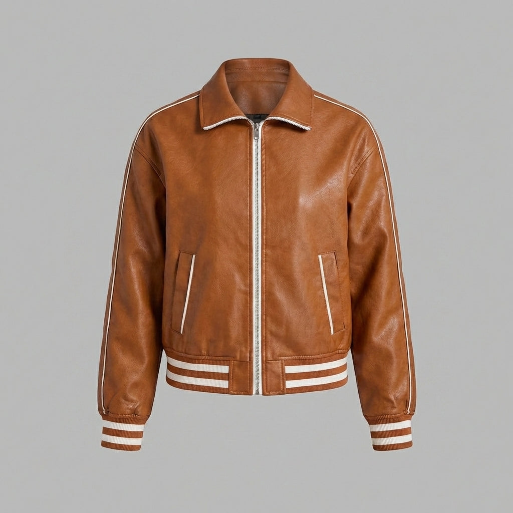 Camel Brown Leather Varsity Jacket for Women