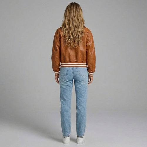 Camel Brown Leather Varsity Jacket for Women