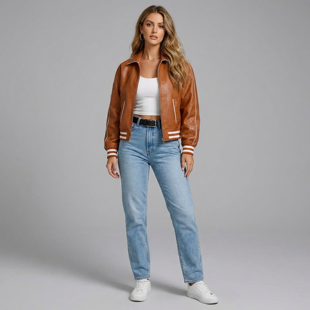 Camel Brown Leather Varsity Jacket for Women