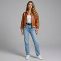 Camel Brown Leather Varsity Jacket for Women