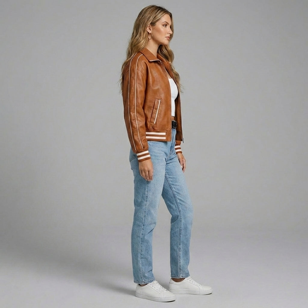 Camel Brown Leather Varsity Jacket for Women