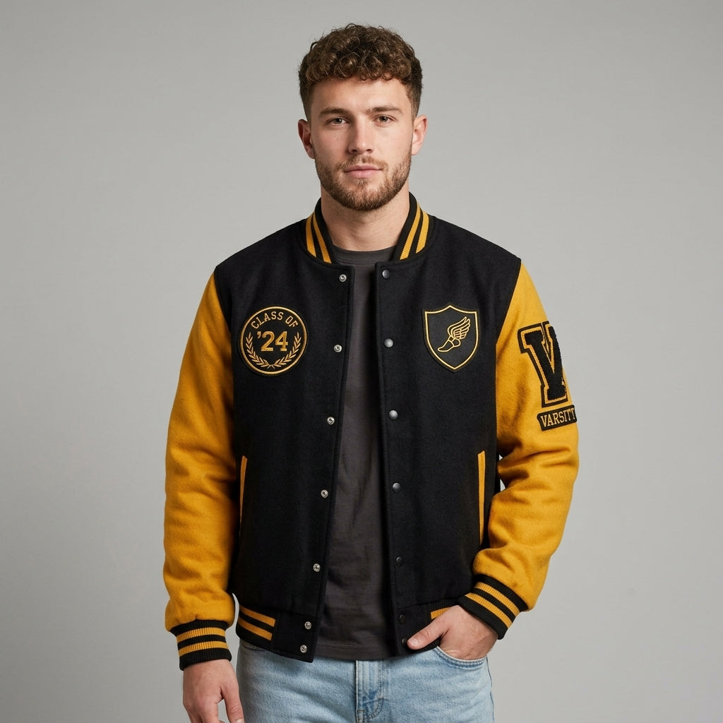 Men’s Yellow & Black Wool Varsity Jacket – Retro Letterman Streetwear Style