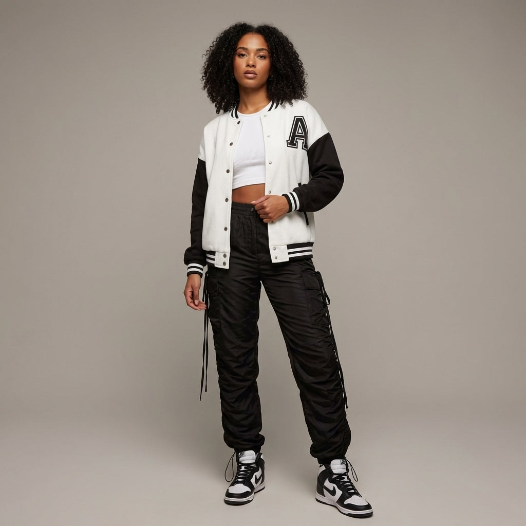 Chic White & Black Women’s Varsity Jacket