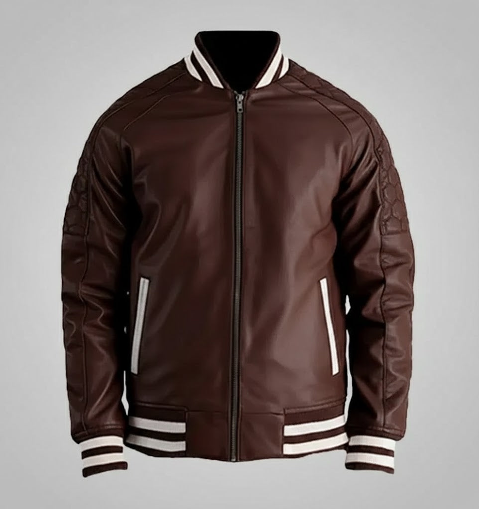 Classic Brown Leather Varsity Jacket Men