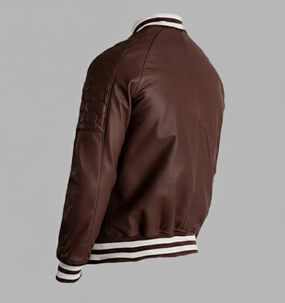 Classic Brown Leather Varsity Jacket Men