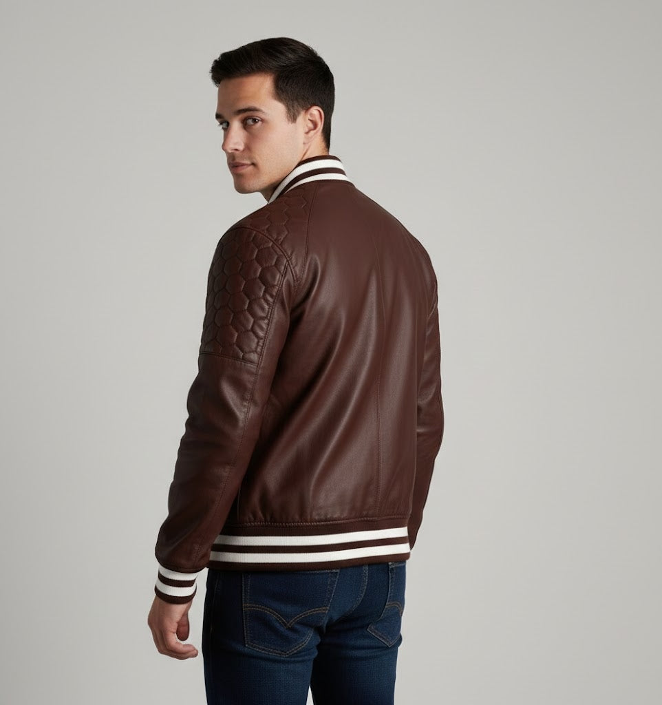 Classic Brown Leather Varsity Jacket Men