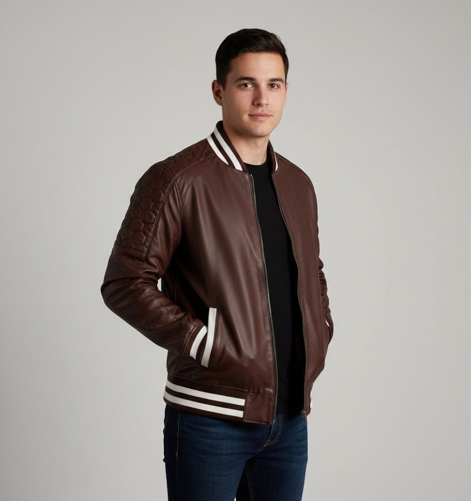 Classic Brown Leather Varsity Jacket Men