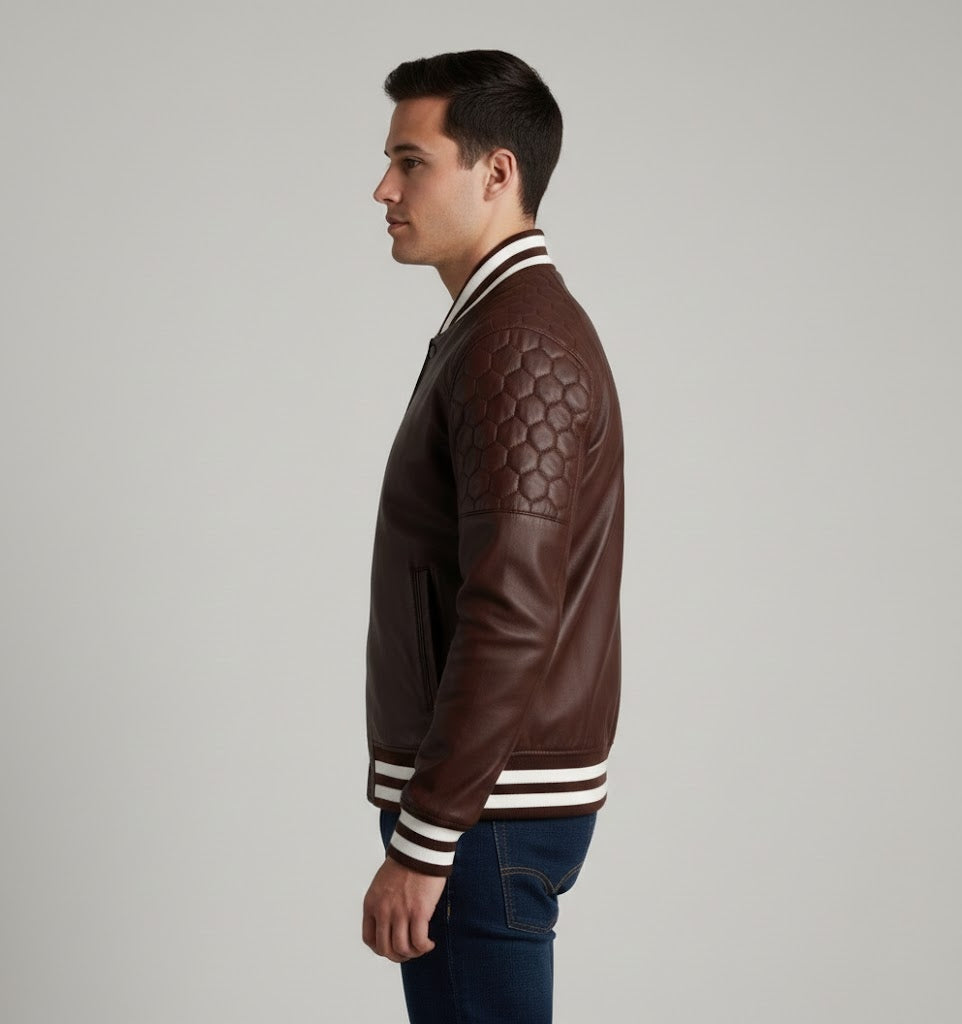 Classic Brown Leather Varsity Jacket Men