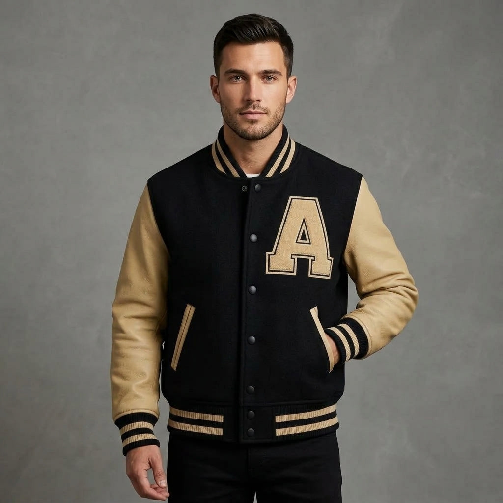 Classic Custom Wool Varsity Jacket with Leather Sleeves