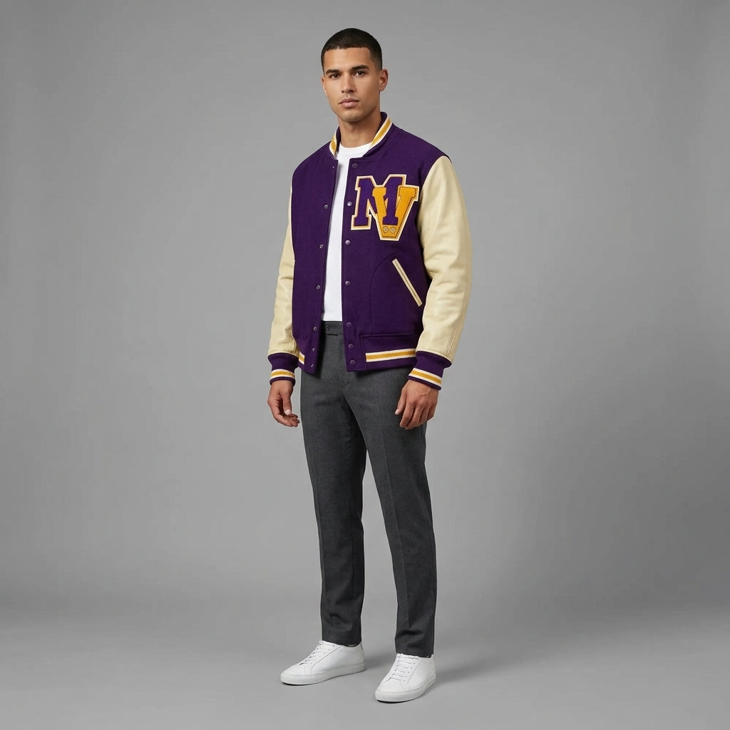 Classic Men’s Purple & Cream Varsity Letterman Jacket – Wool Baseball Style