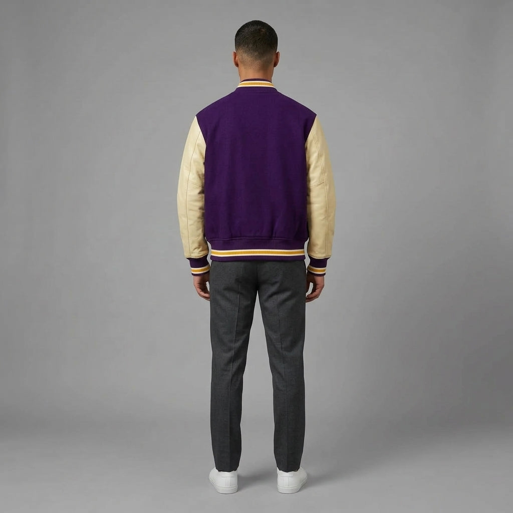 Classic Men’s Purple & Cream Varsity Letterman Jacket – Wool Baseball Style
