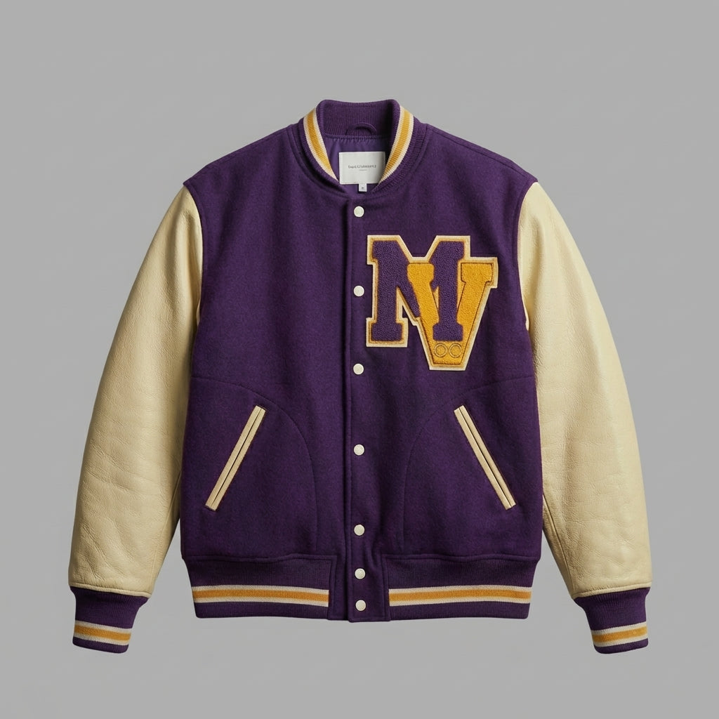 Classic Men’s Purple & Cream Varsity Letterman Jacket – Wool Baseball Style