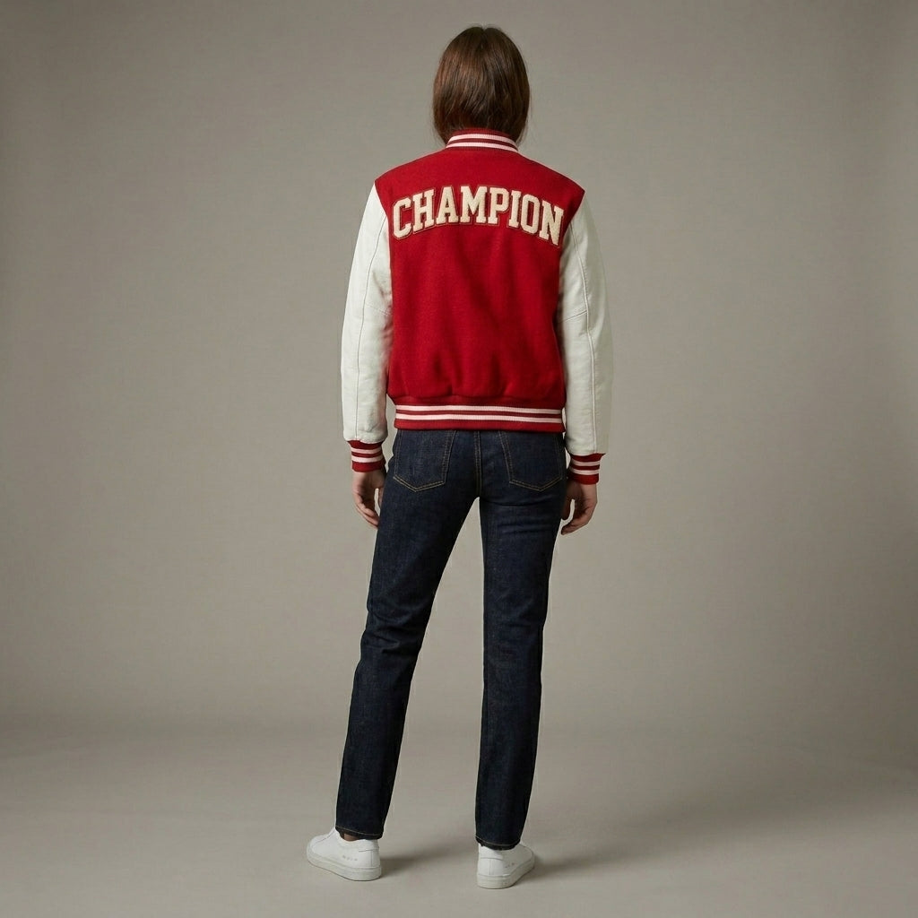 Classic Red & White Women’s Varsity Letterman Jacket