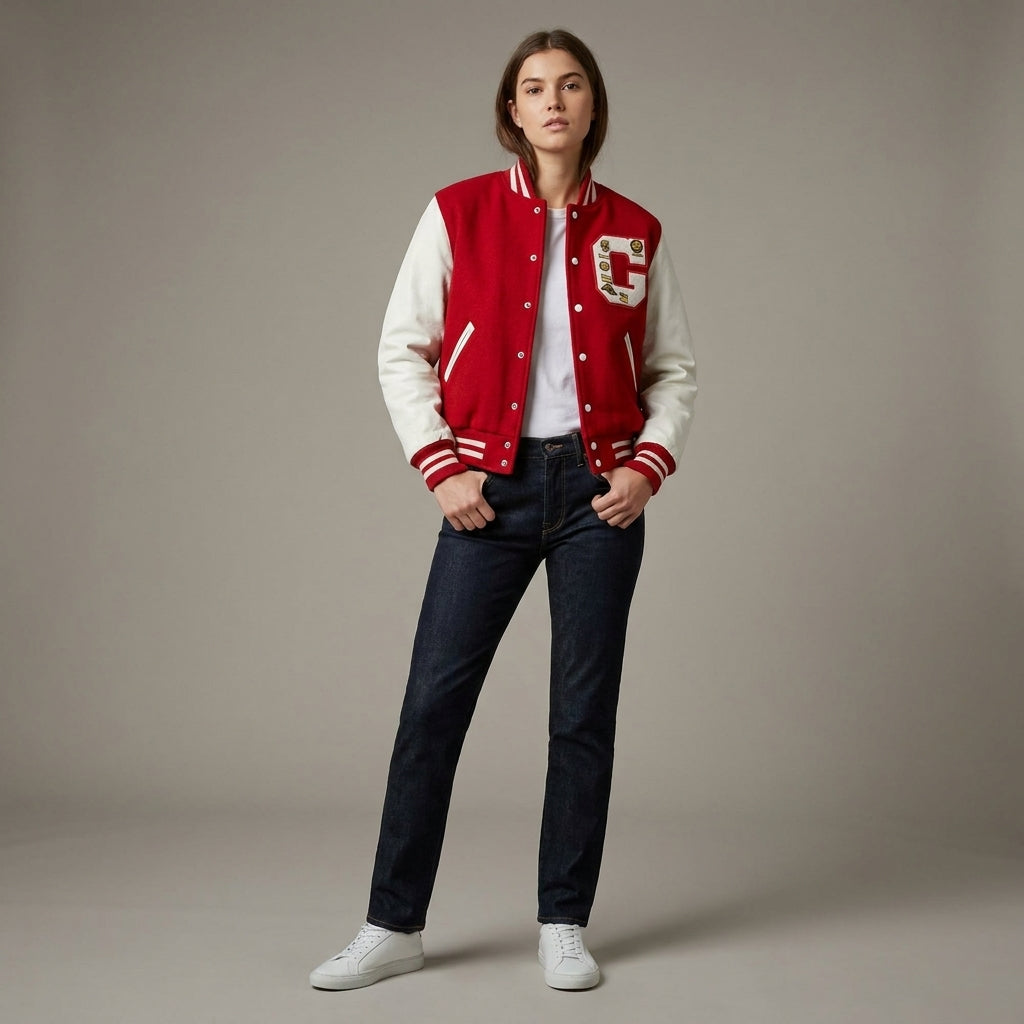 Classic Red & White Women’s Varsity Letterman Jacket