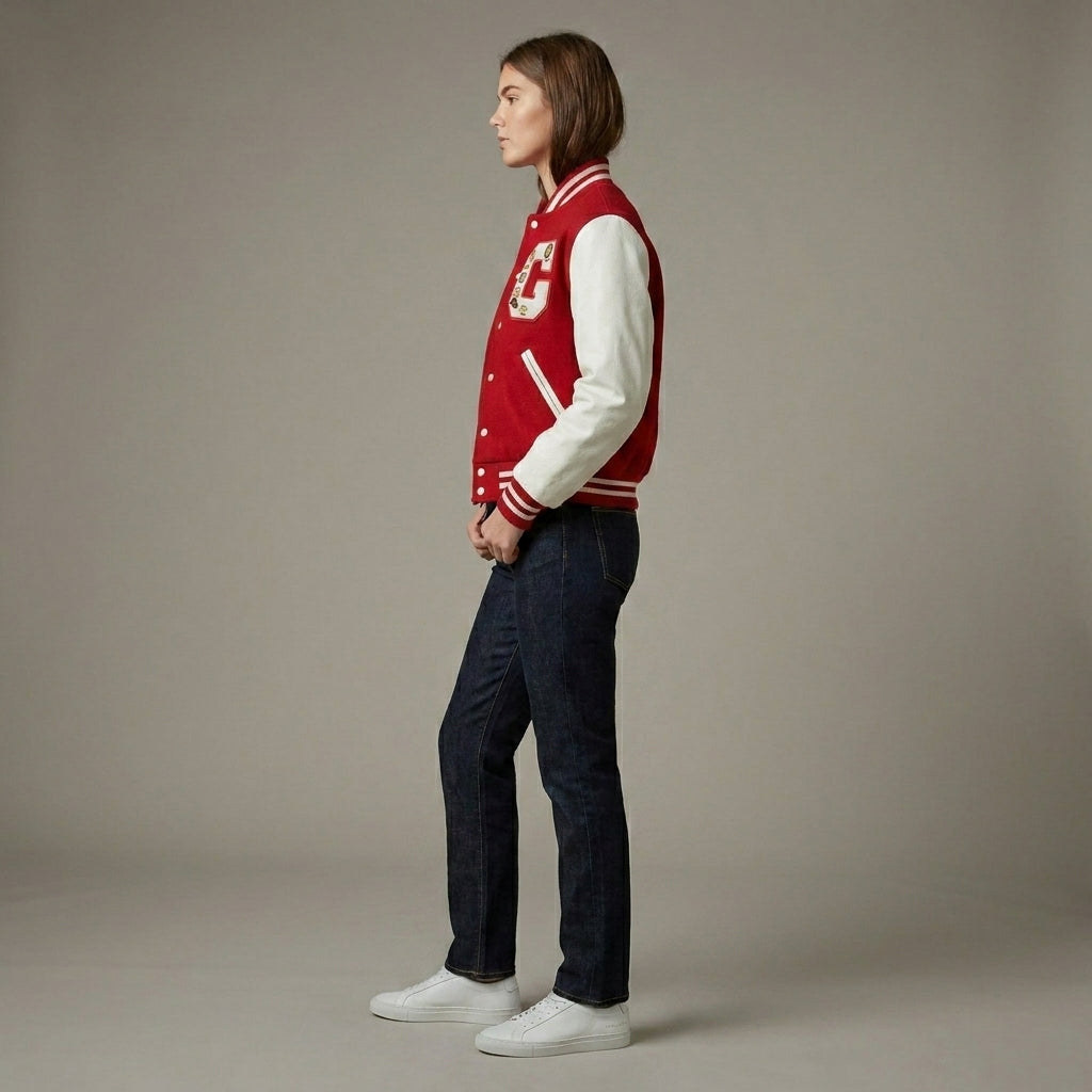 Classic Red & White Women’s Varsity Letterman Jacket