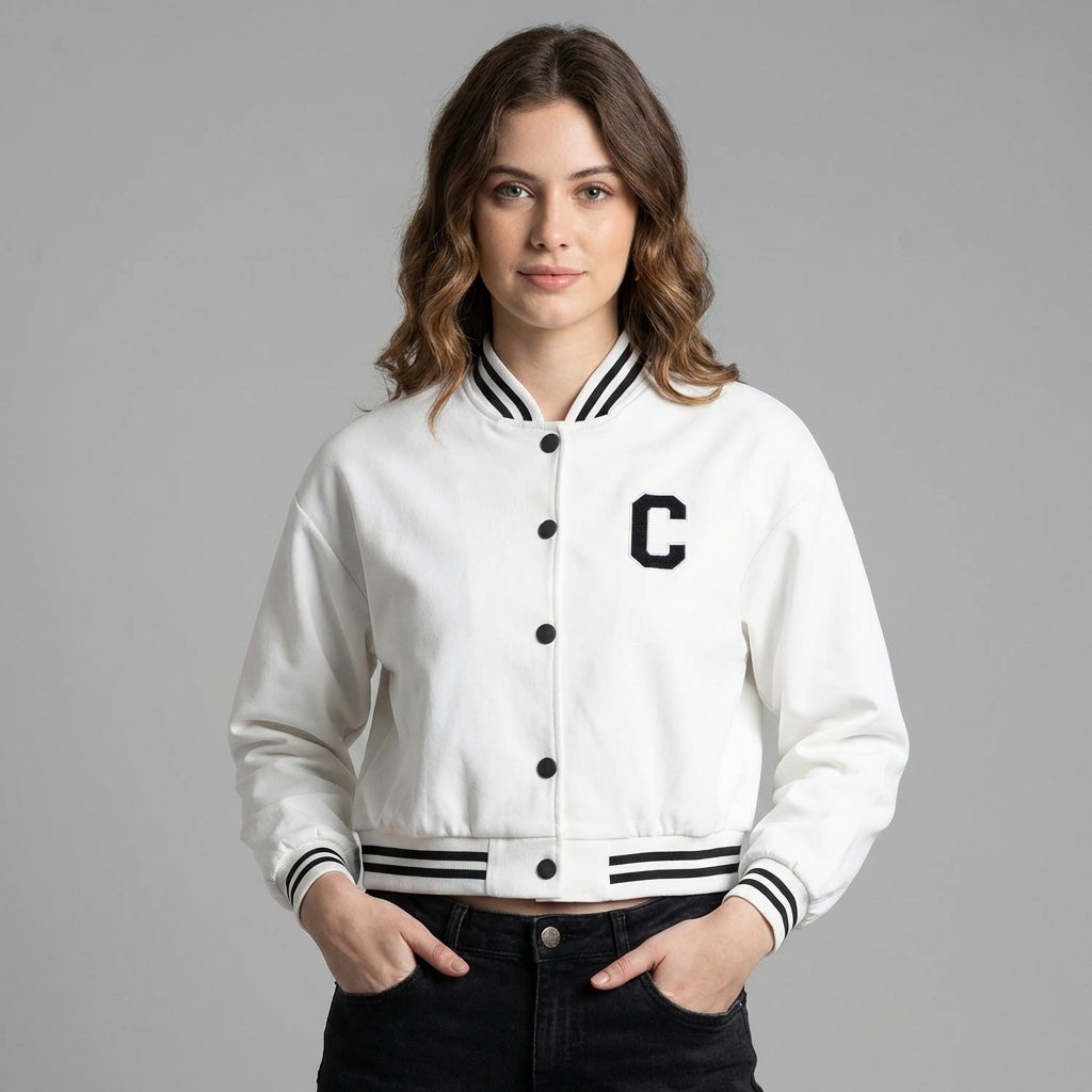 Classic White Women’s Varsity Jacket – Chic & Timeless