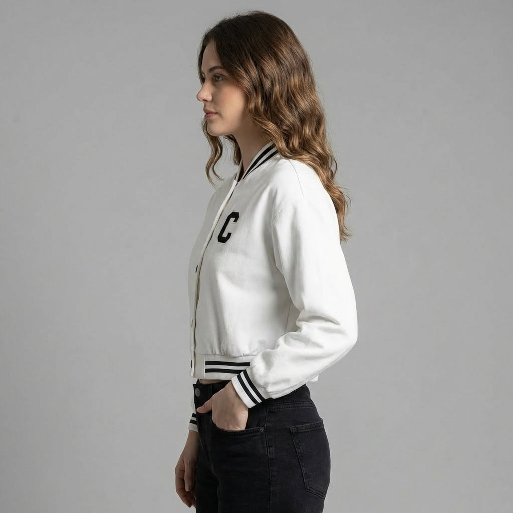 Classic White Women’s Varsity Jacket – Chic & Timeless