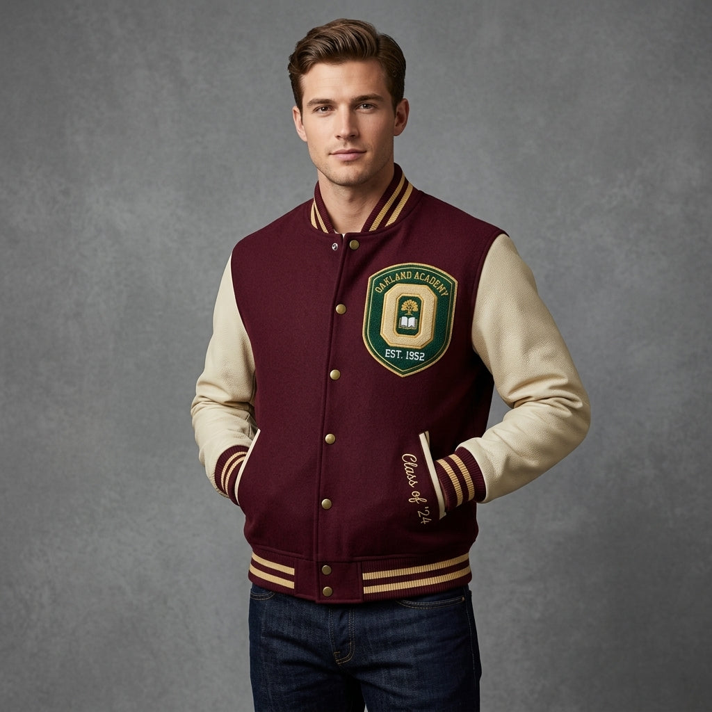 Cream-Sleeve Varsity Bomber Jacket – College Letterman Streetwear for Men