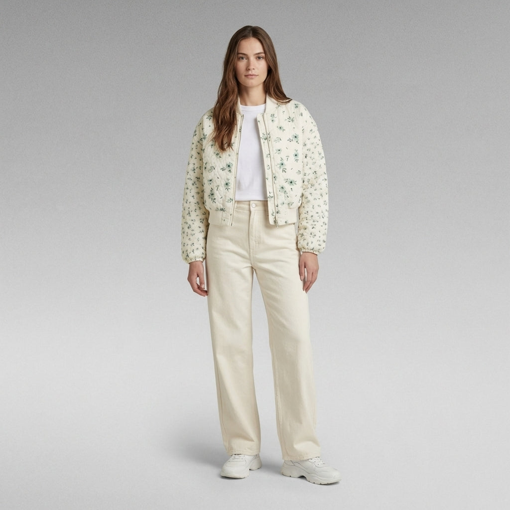Creamy Classic Printed Cream Varsity Jacket