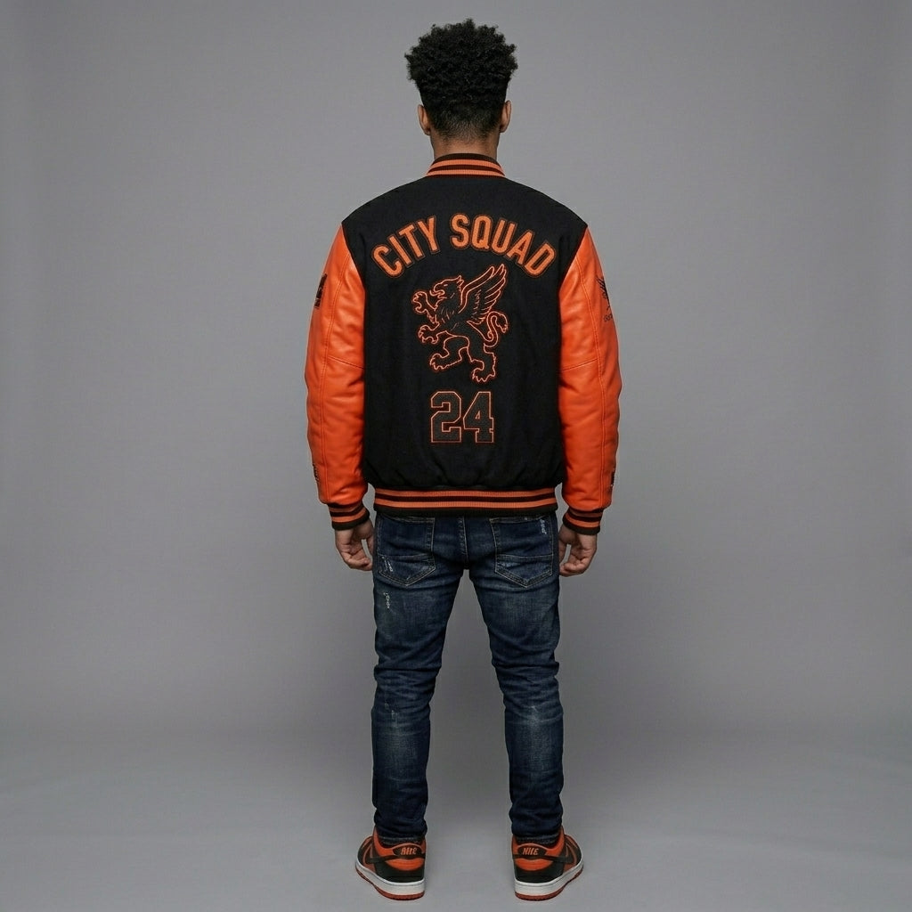 Men’s Red & Black Varsity Jacket – Patchwork Streetwear