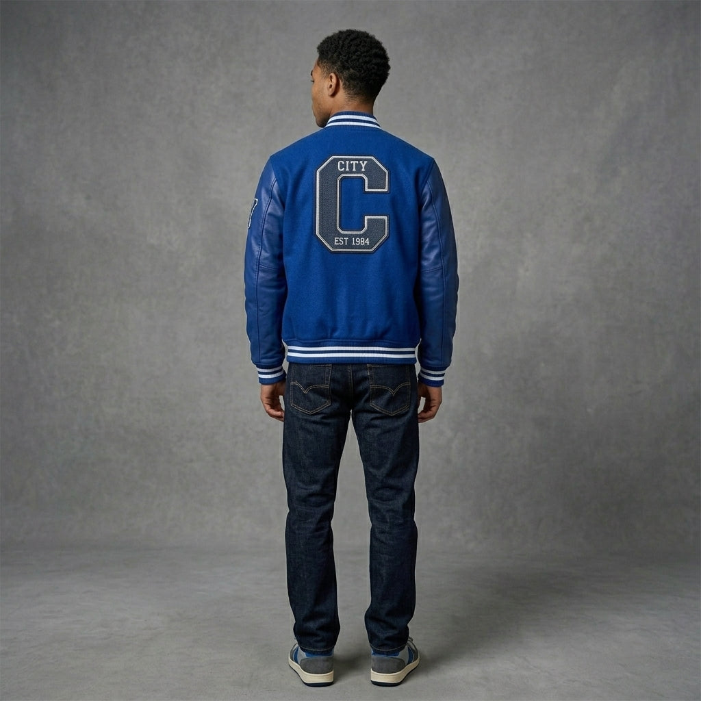 Custom Blue Leather Varsity Jacket – Streetwear Letterman Bomber