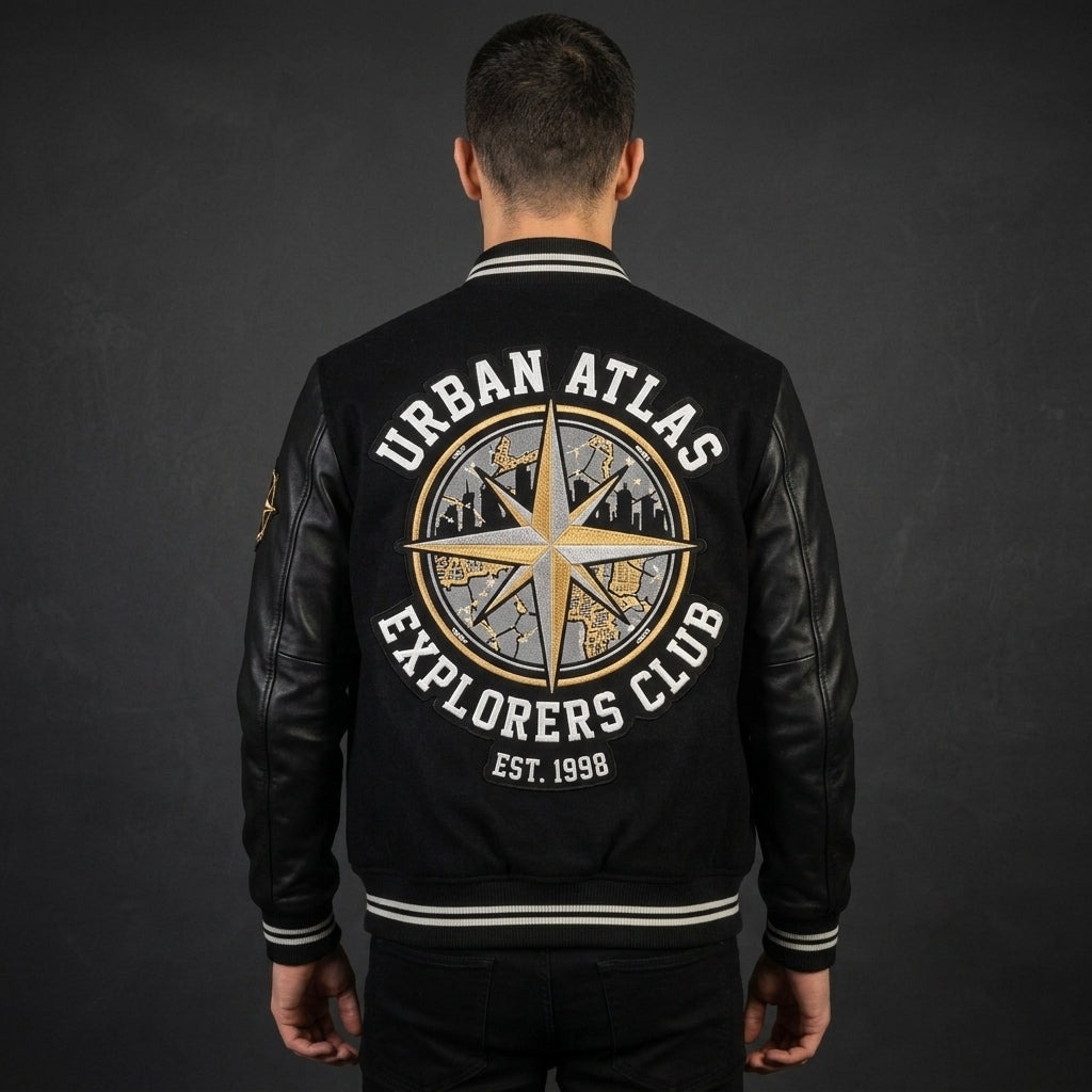 Men’s Black Striped Hybrid Varsity Jacket – Streetwear Letterman