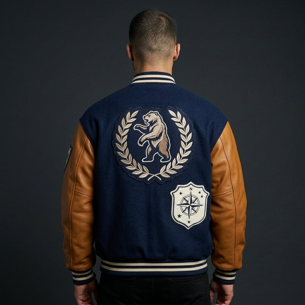 Men’s Navy Oversized Varsity Jacket – Embroidered Wool Letterman with Contrast Sleeves