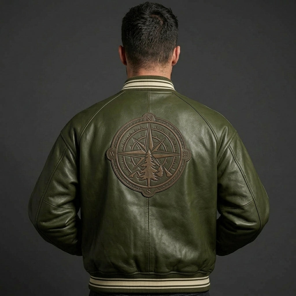Men’s Green Leather Varsity Jacket – Oversized Logo Letterman Bomber