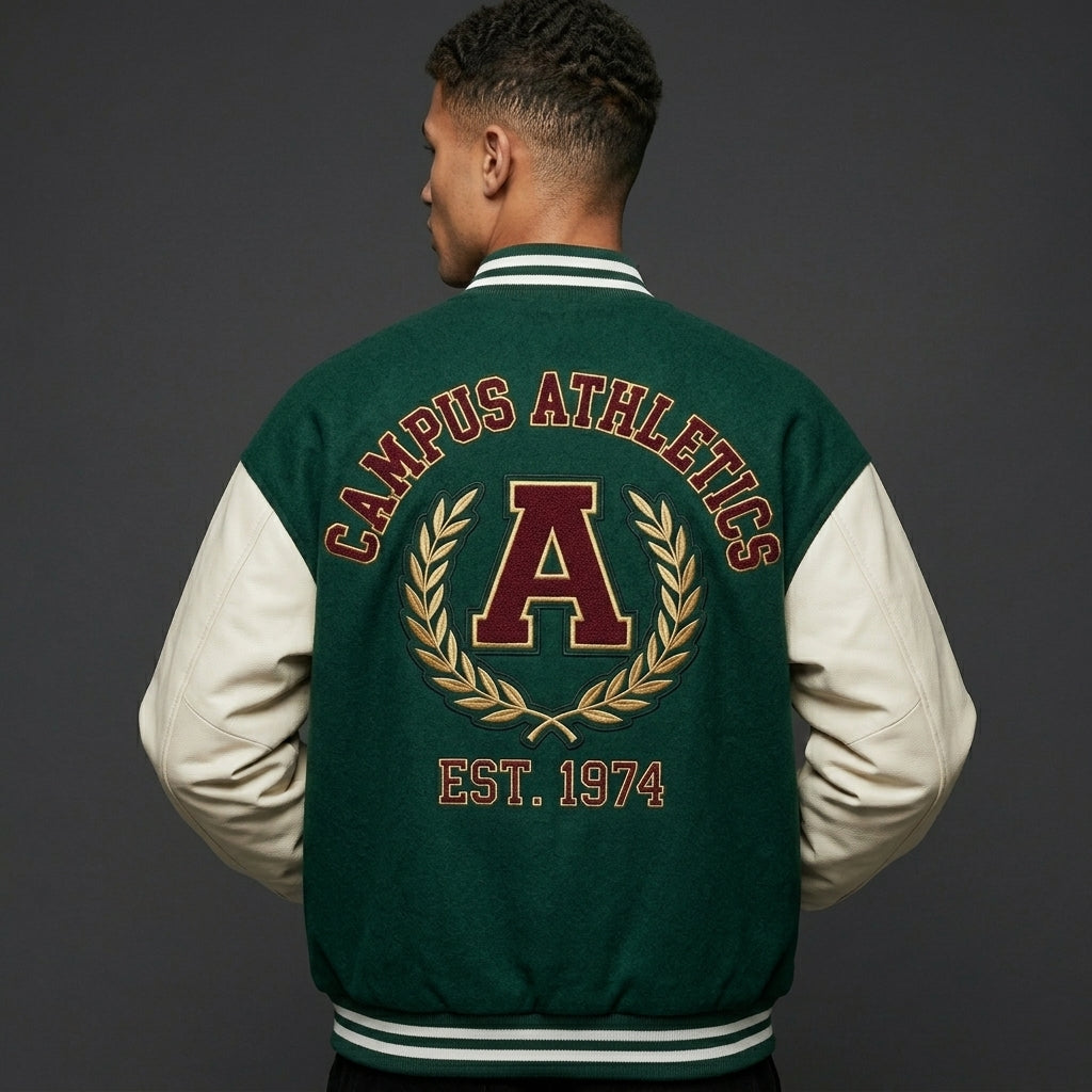 Men’s Embroidered Oversized Varsity Jacket – Letterman with Cream Sleeves