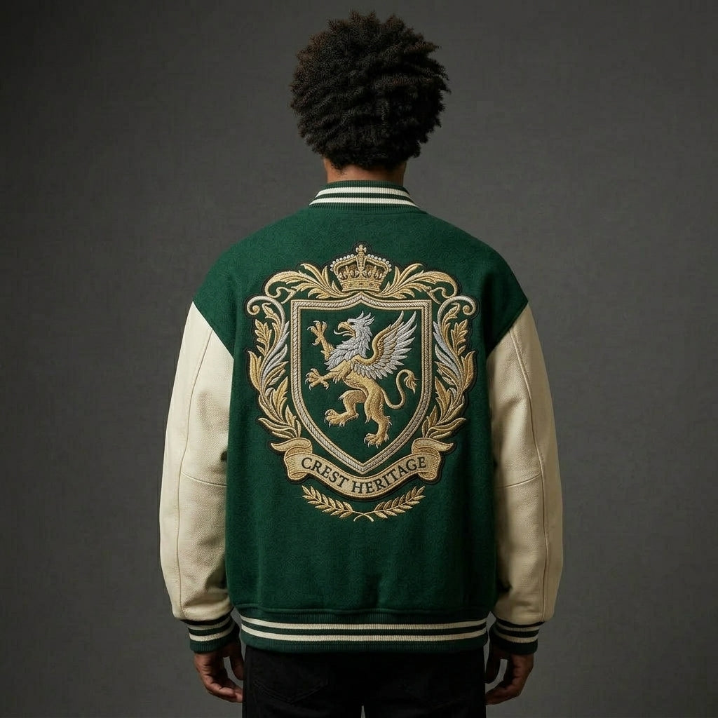 Men’s Oversized Wool Blend Varsity Jacket – Leather Sleeve Letterman