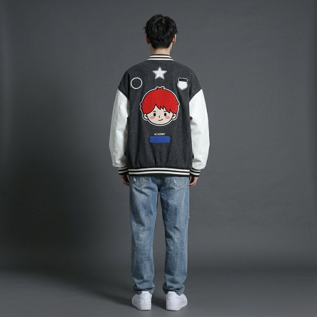 Men’s Grey & White Oversized Varsity Jacket – Embroidered Letterman Style