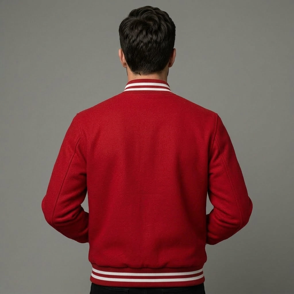 Men’s Red Wool Letterman Jacket – Classic Varsity Bomber Style